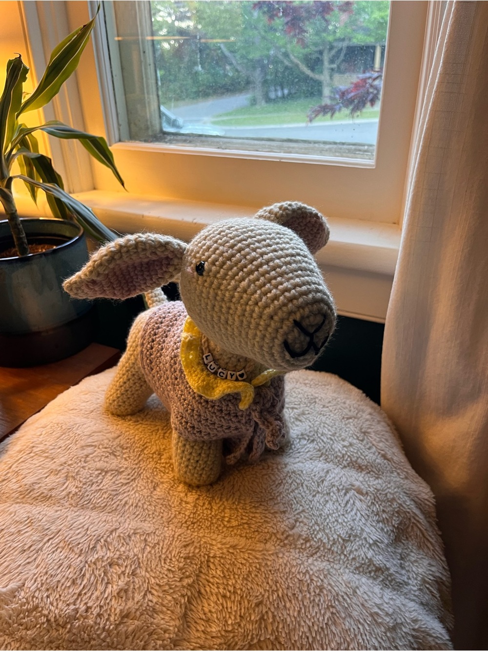 Handmade Crochet "Lucy Lamb" Plush with Yellow Collar and Lavendar Cape